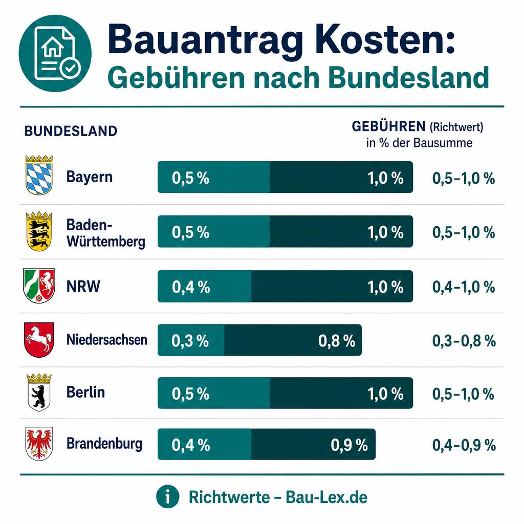 Infografik: Bauantrag Kosten nach Bundesland – Genehmigungsgebühren von 0,3 bis 1,0 Prozent der Bausumme im Vergleich